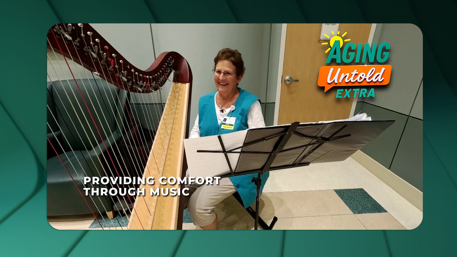 Volunteer’s harp music brings calm to hospital waiting room