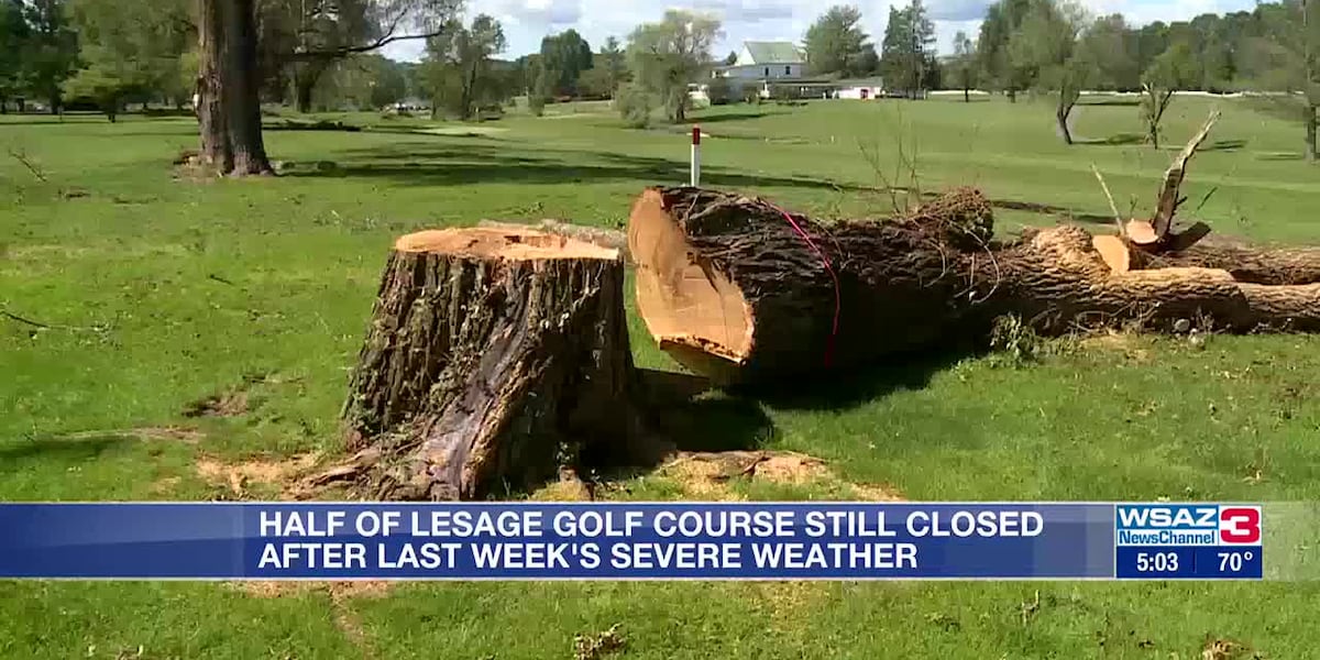 Golf Course Damage. Sign Half of golf course remains closed due to damage from last week’s storm